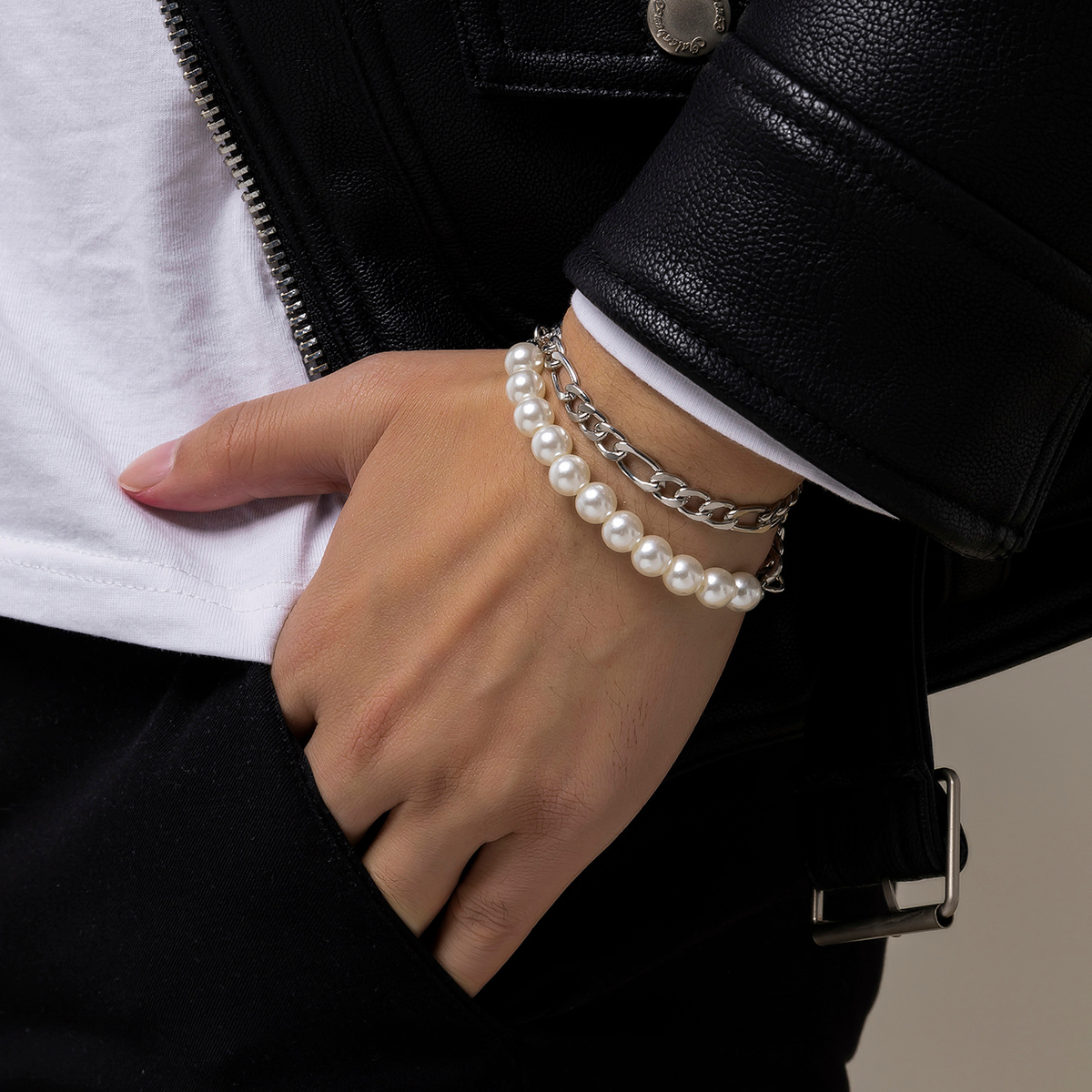 2pcs Men's Pearl Panel Bracelet Set